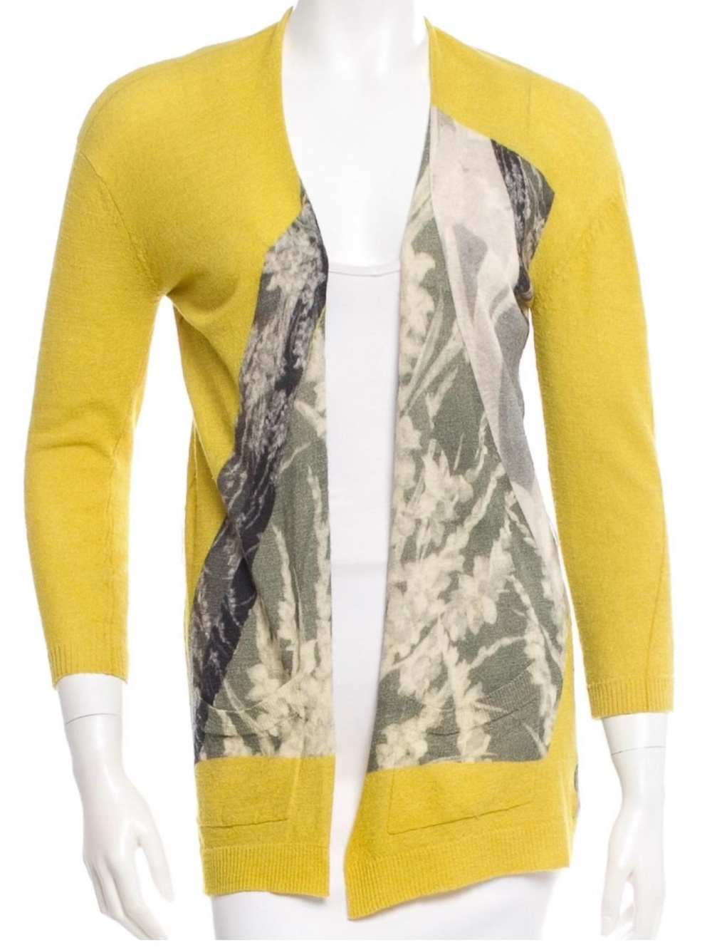 Dries Van Noten Yellow Wool Open-Front Cardigan, Abstract Floral Print, Small